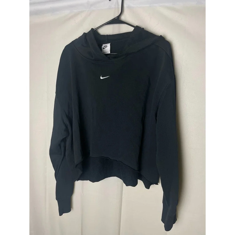 Nike Women's Crop Top Pullover Hoodie Sweater Black Center Swoosh Size Large NWT